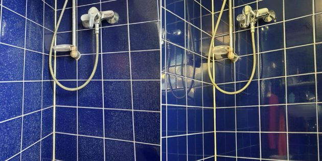 Kalk auf Fliesen entfernen in der Dusche. Hier ein Vergleich vor und nach der Reinigung.