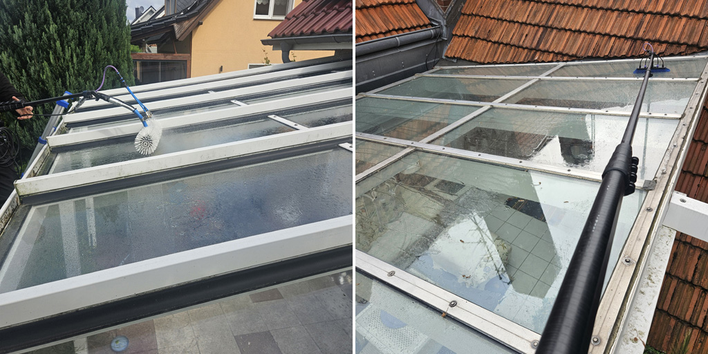 Fenster im Wintergarten putzen lassen: Reinigungsbürsten mit Wasser und Teleskopstange auf Wintergartendach