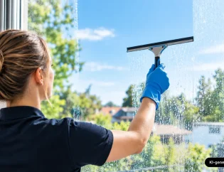 Frau beim Fenster streifenfrei putzen mit einem Abzieher – für saubere, klare und schlierenfreie Scheiben.