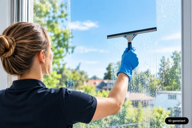 Frau beim Fenster streifenfrei putzen mit einem Abzieher – für saubere, klare und schlierenfreie Scheiben.