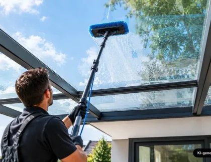 Professionelle Reinigung einer Glas-Terrassenüberdachung von unten mit einer Teleskopstange und weicher Bürste.