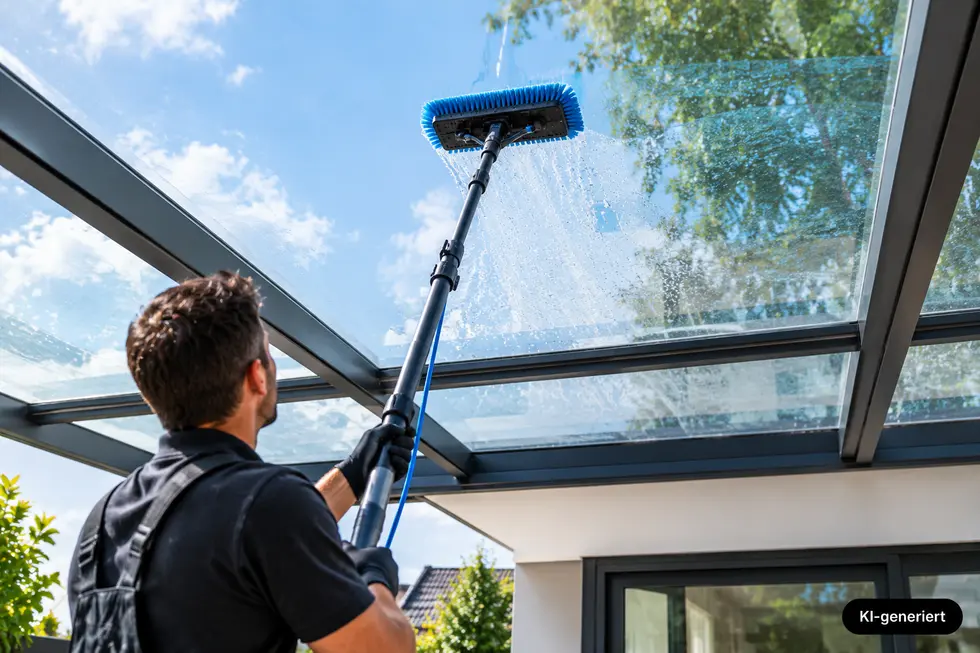 Professionelle Reinigung einer Glas-Terrassenüberdachung von unten mit einer Teleskopstange und weicher Bürste.