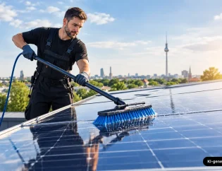 Professionelle Reinigung von Solarmodulen mit einer Teleskopbürste auf einem Berliner Hausdach.