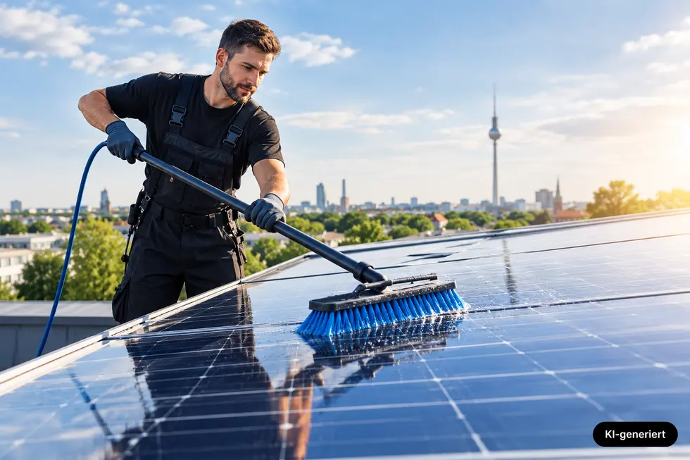Professionelle Reinigung von Solarmodulen mit einer Teleskopbürste auf einem Berliner Hausdach.